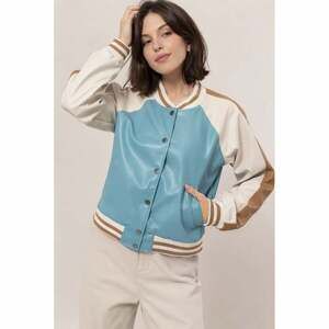 Blue Caramel Faux Leather Bomber Baseball Jacket